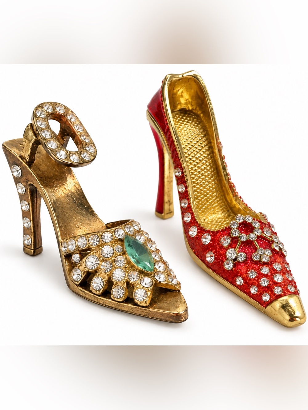 Vintage Miniature Jeweled High Heel Shoe Figurines Rhinestone Gold Red Set of 2